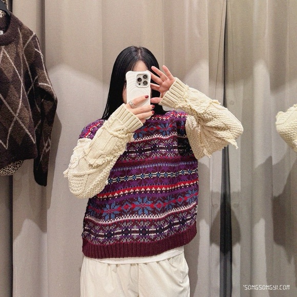Zara Fair Isle knit pullover sweater with contrasting knit jacquard sleeves M - Picture 15 of 15